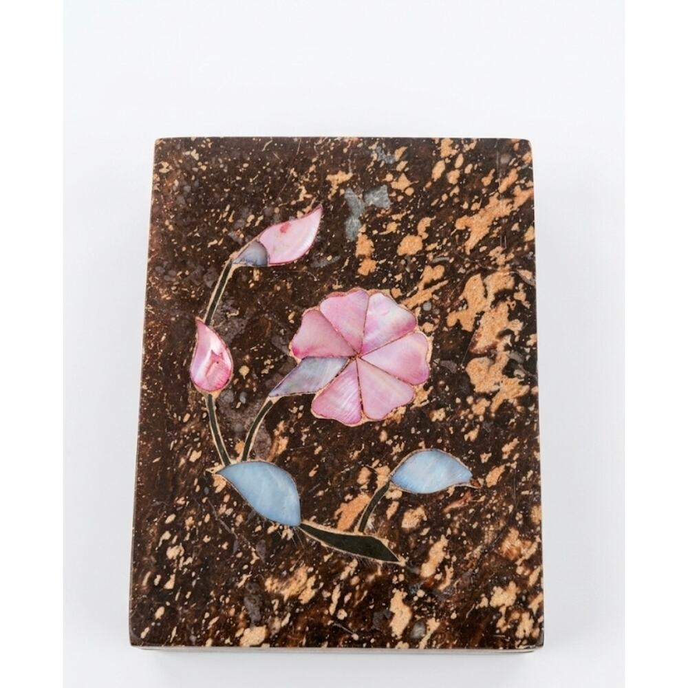 Marble Soapstone Trinket Box Mother of Pearl Pink White Inlay Flowers India